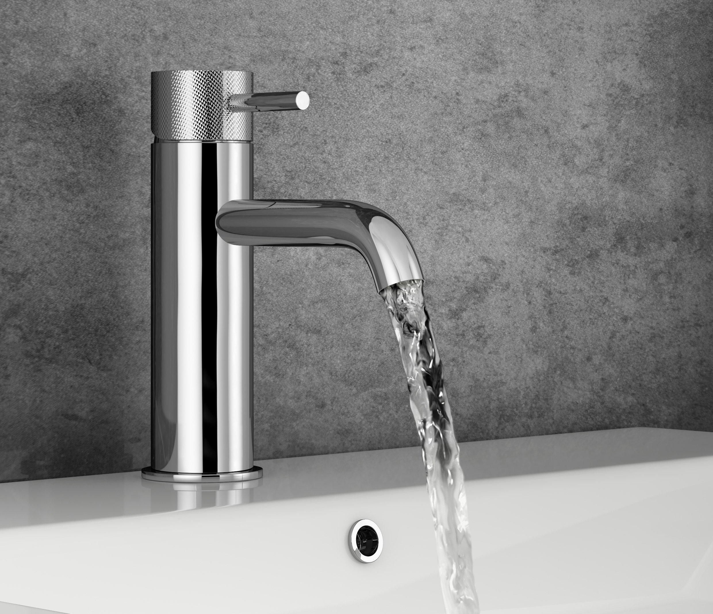 CGI product photograph of chrome tap and running water