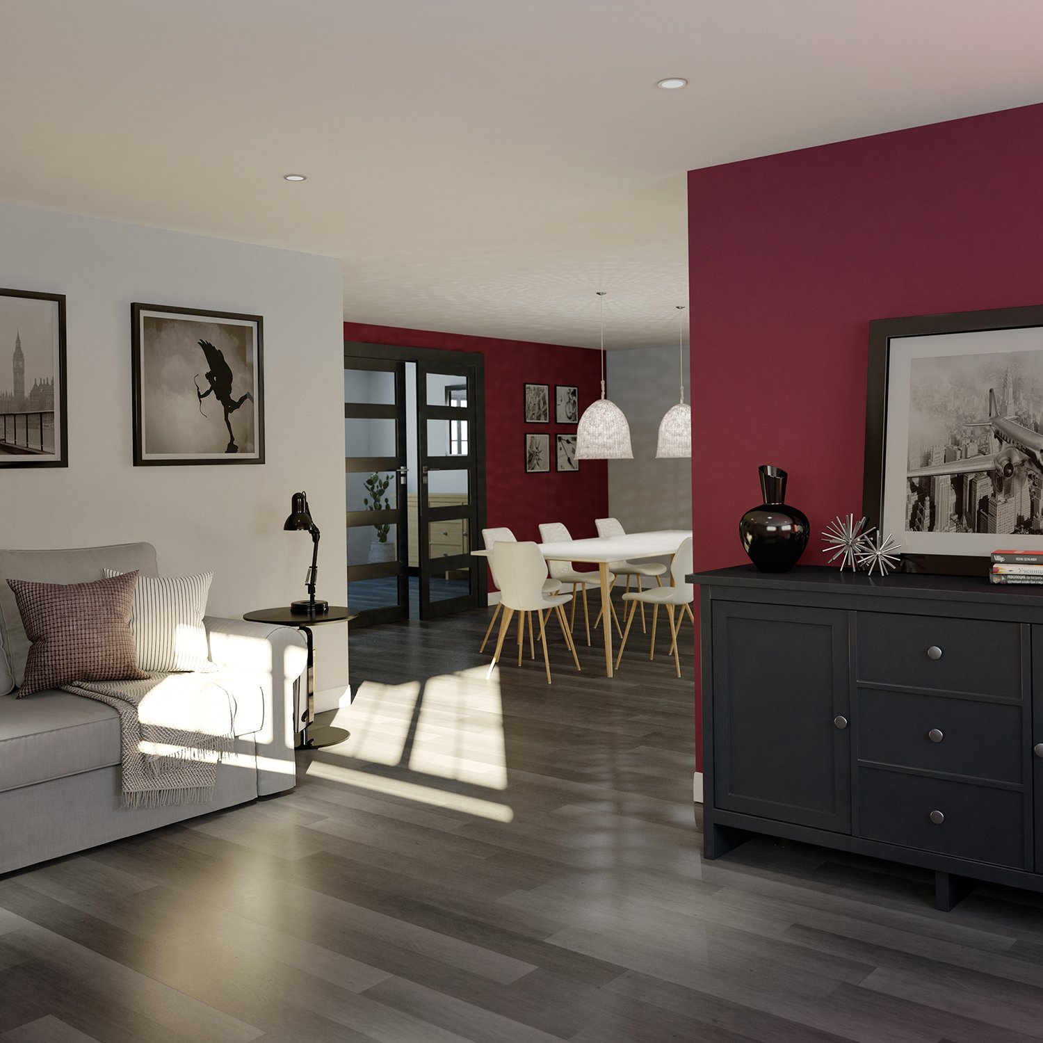 CGI room set of contemporary lounge with wine coloured wall