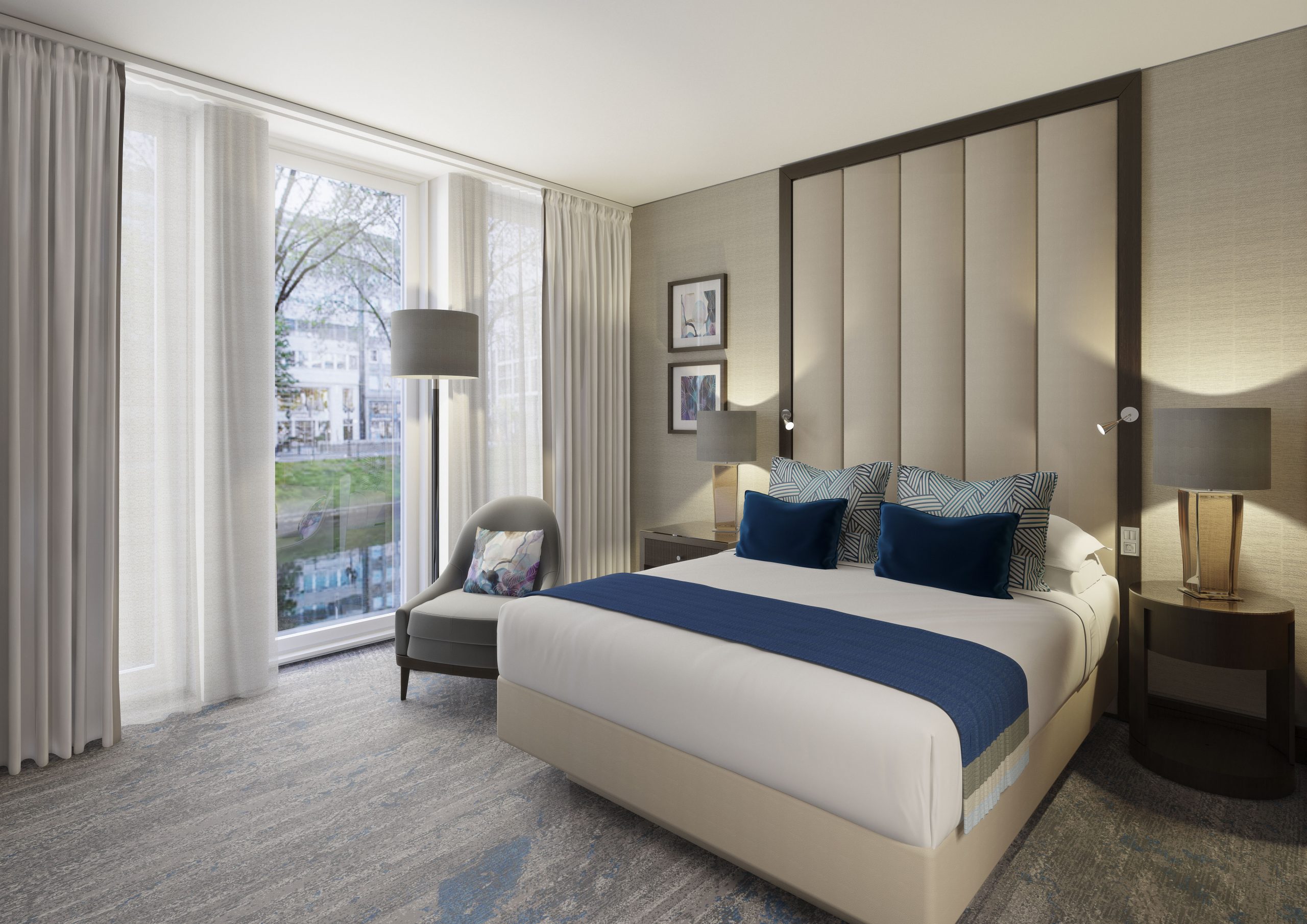 CGI bedroom in blues and cream