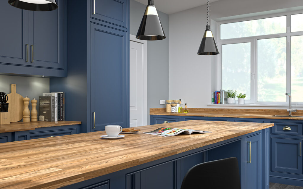 CGI kitchen room set in blue and oak