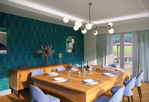 CGI Room set of dining room with contemporary wallpaper and wooden furniture