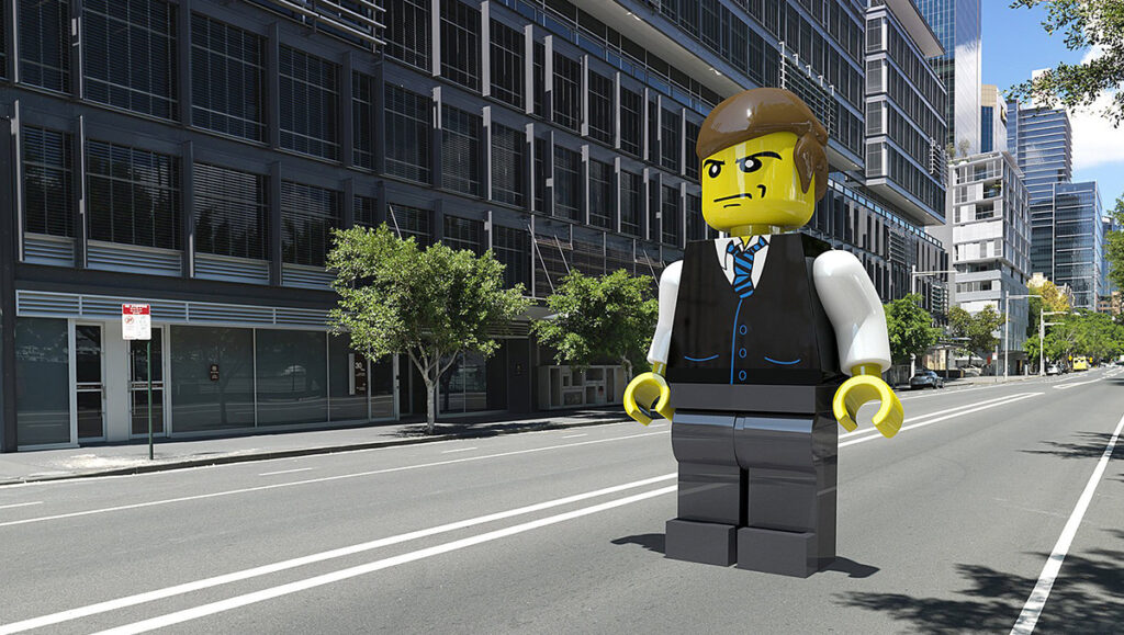 cgi and photography composite of lego man standing in the road